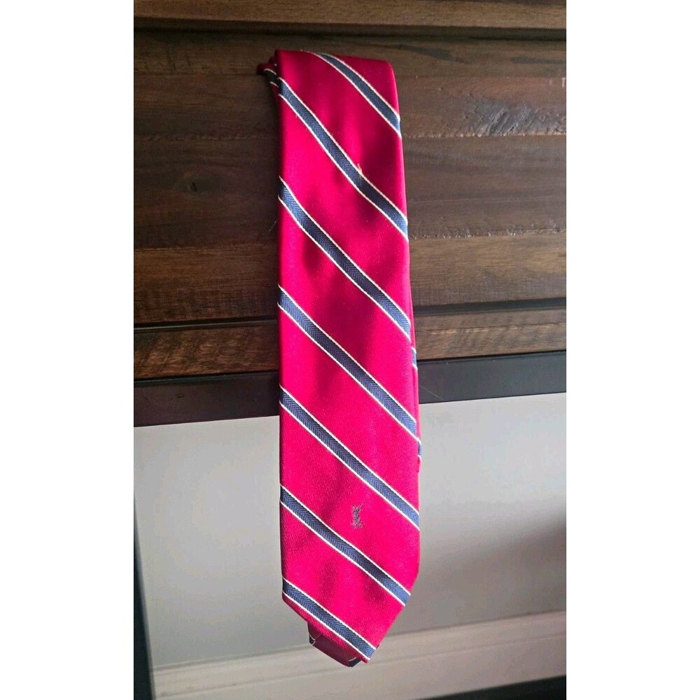 Yves Saint Laurent Men's Silk Woven Striped Tie – Red Navy White Logo
